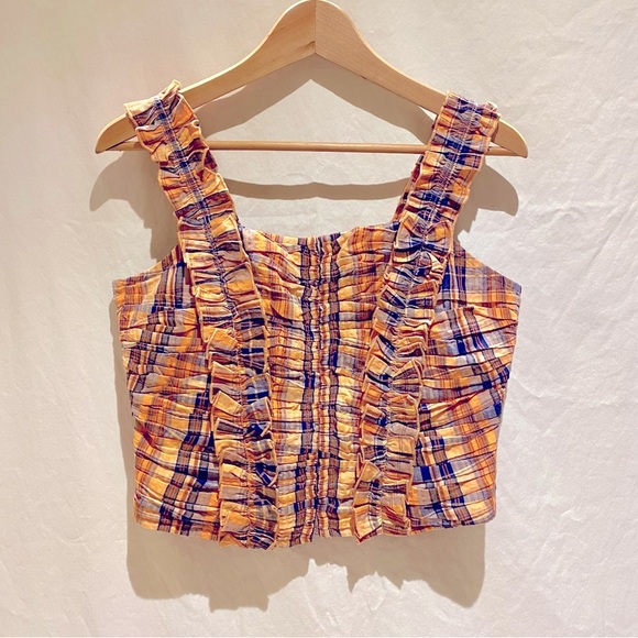 Verb by Pallavi Singhee x Anthropologie Ruffled & Smocked Plaid Top, size Medium - Picture 4 of 8